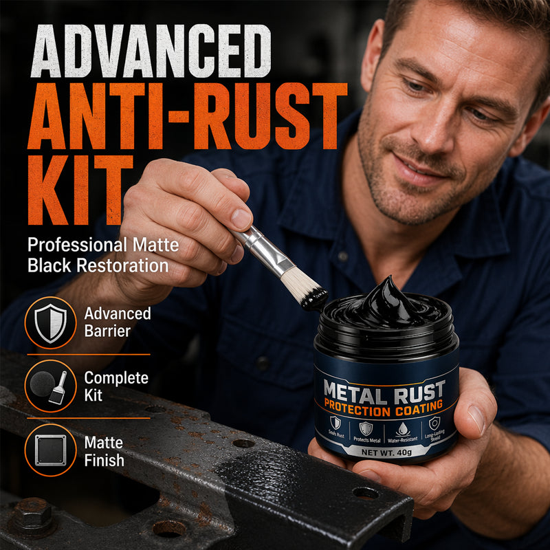 Black metal rust protection coating kit applied to rusty metal