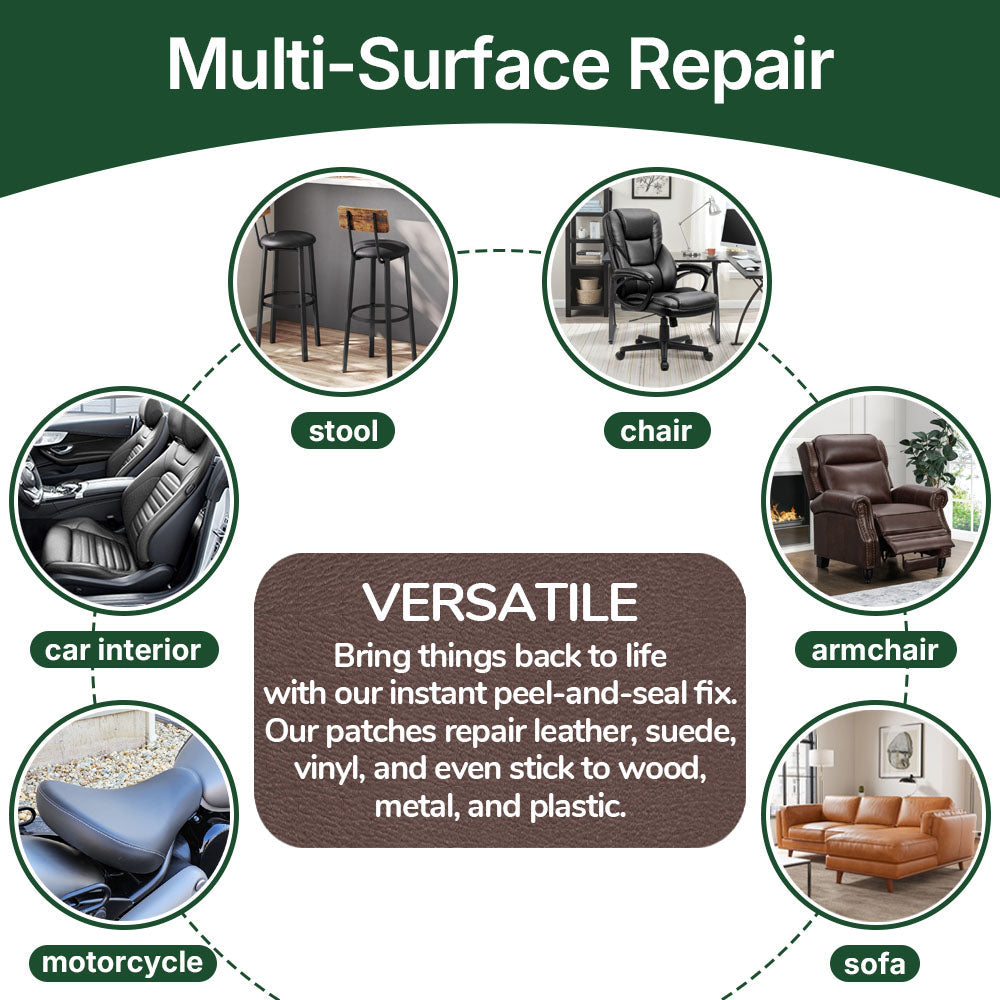 Examples of leather repair patch uses on a sofa, chair, stool, armchair and vehicle seating