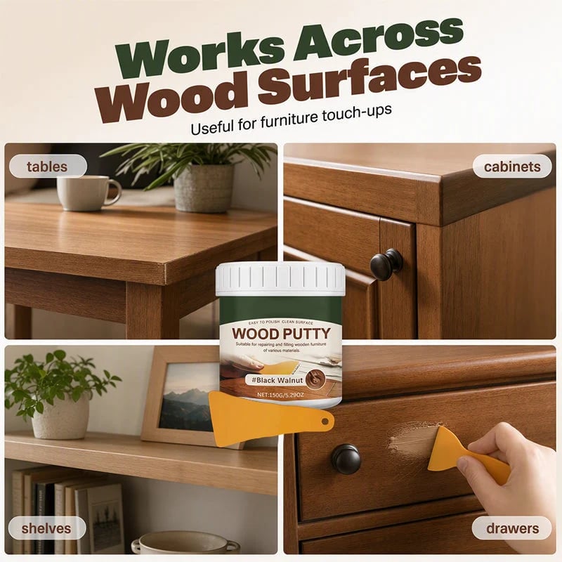 🚪Wood Repair Filler Putty-Fills Cracks & Chips, Smooths Surfaces, Blends with Dark Wood