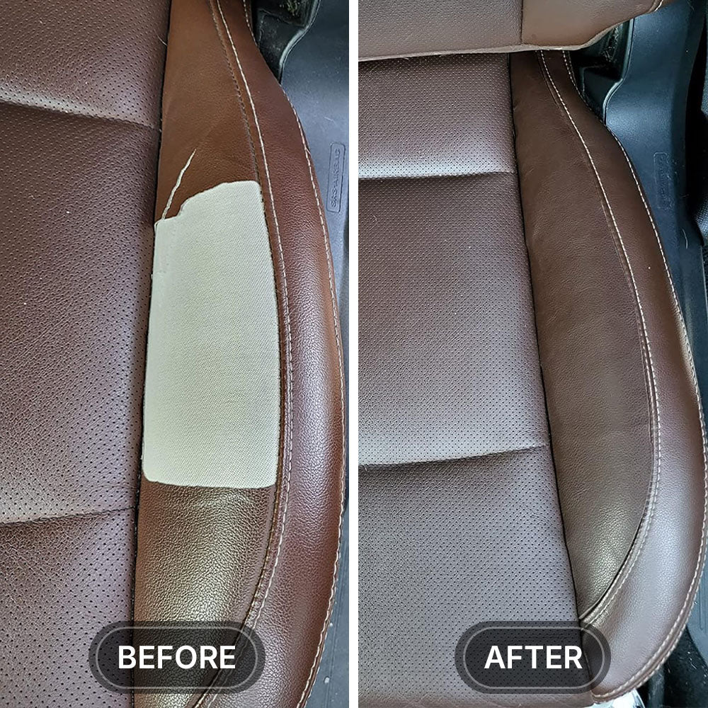 Before and after repair on a brown car seat bolster