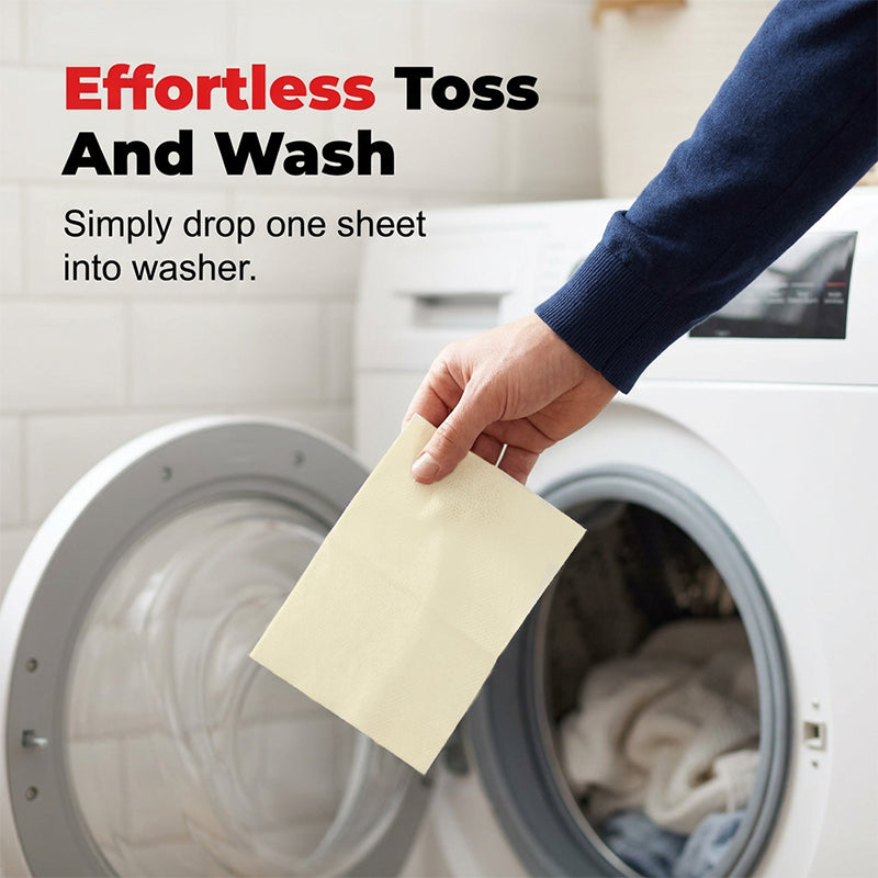 Toss laundry whitening sheet into washer