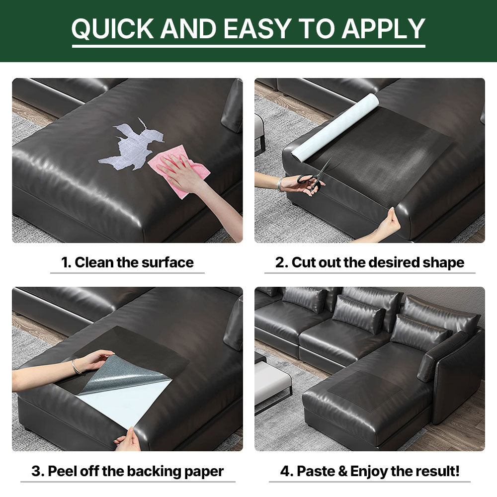 Four-step visual guide showing cleaning, cutting, peeling and applying the repair patch