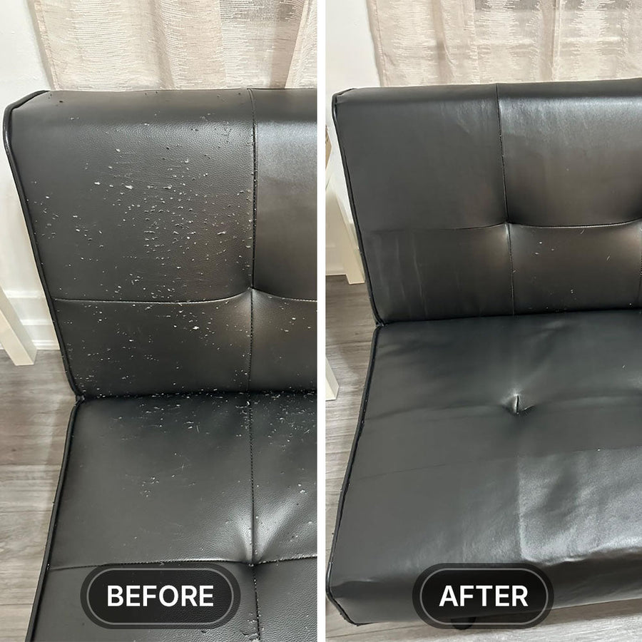 Before and after view of a worn black chair repaired with a black patch