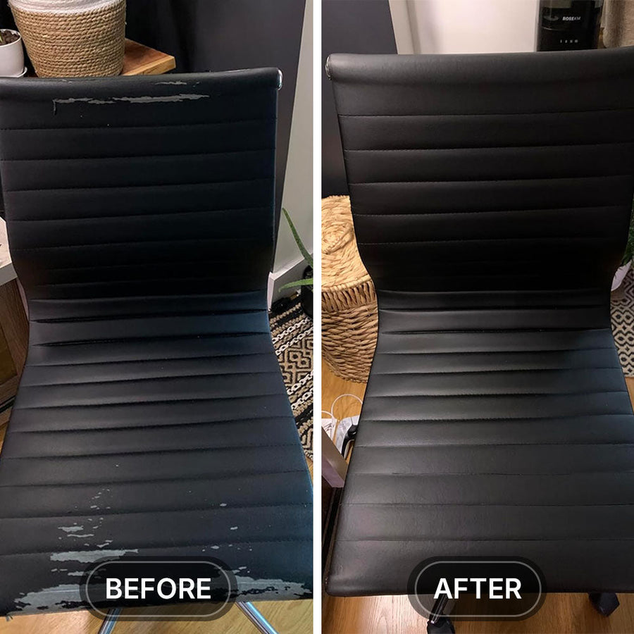 Before and after repair on a black office chair