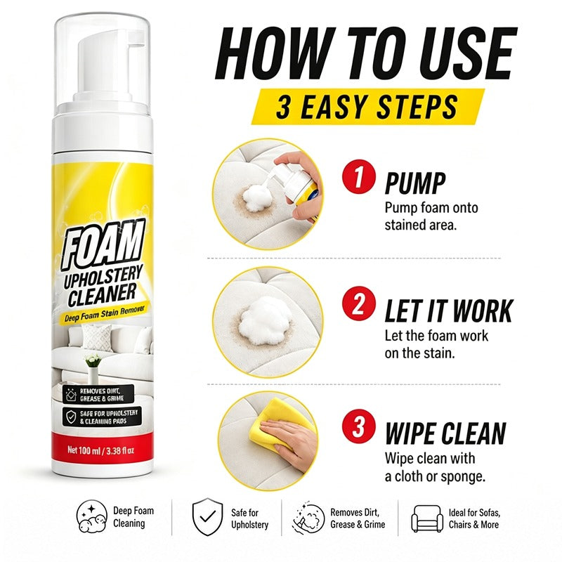 Three-step product guide: pump foam, let it work, and wipe clean