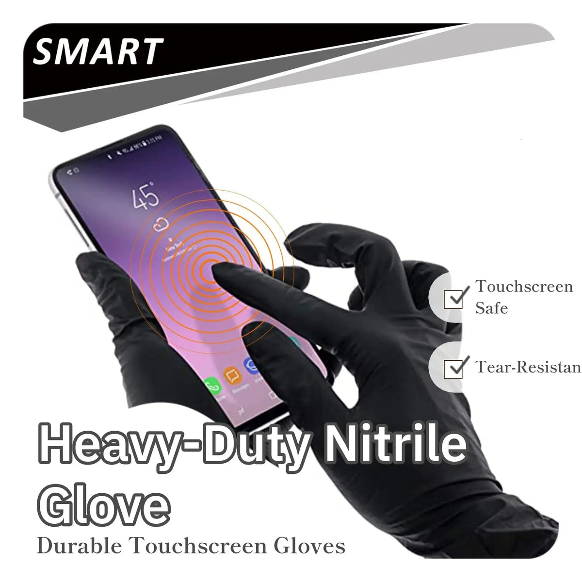 Person using a smartphone while wearing black nitrile gloves