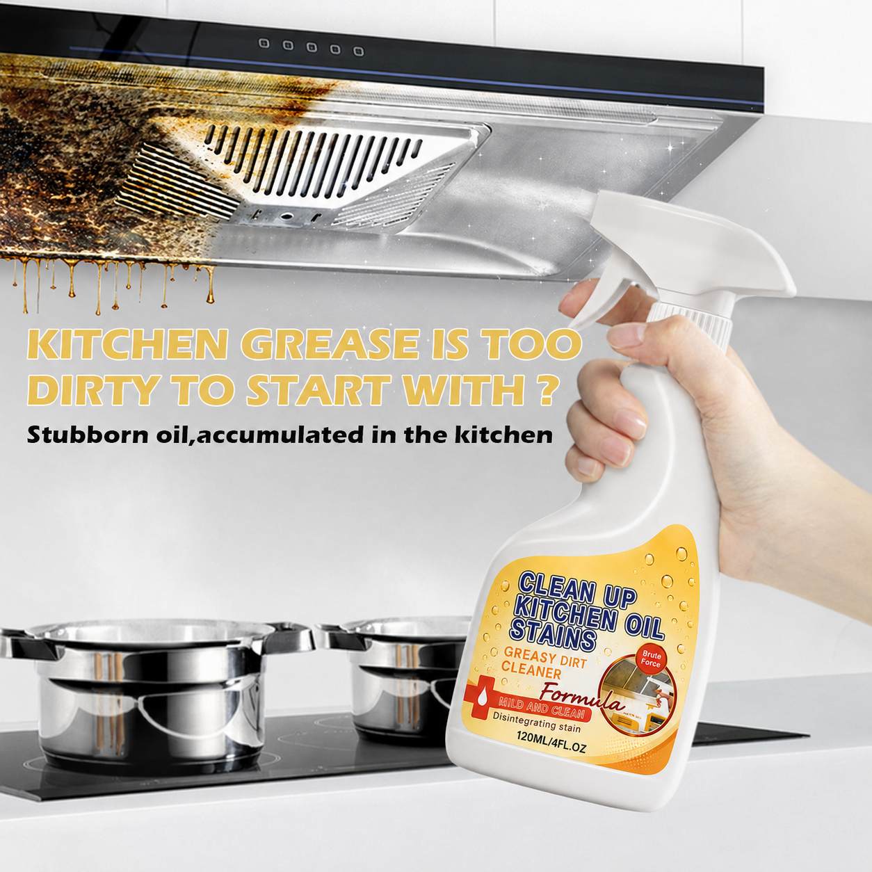 Degreaser being used on a greasy kitchen range hood