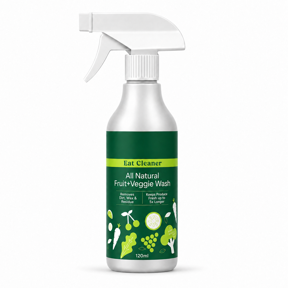 Fruit and vegetable wash in a white trigger spray bottle with a green label
