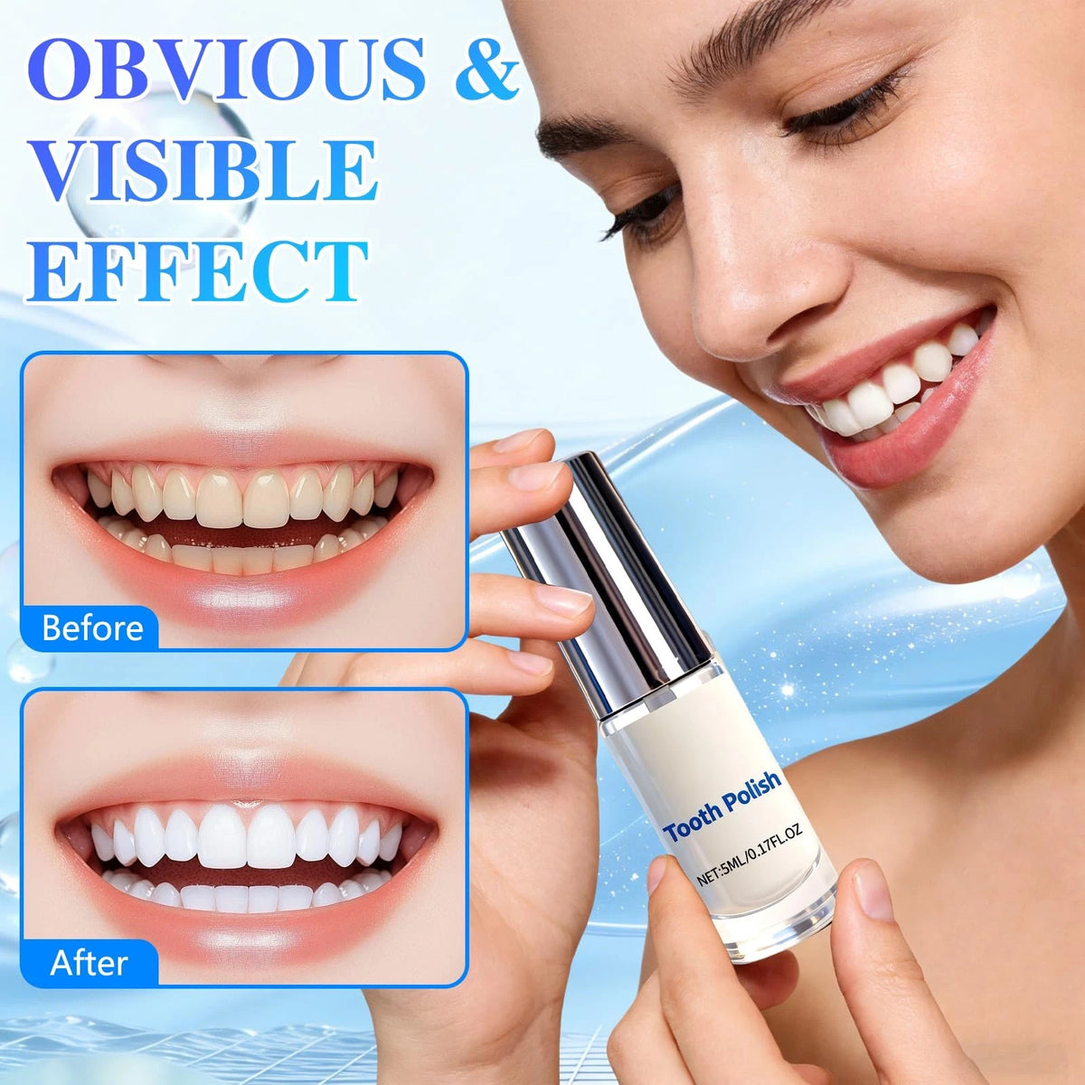 Illustration of the cosmetic appearance before and after applying Tooth Polish
