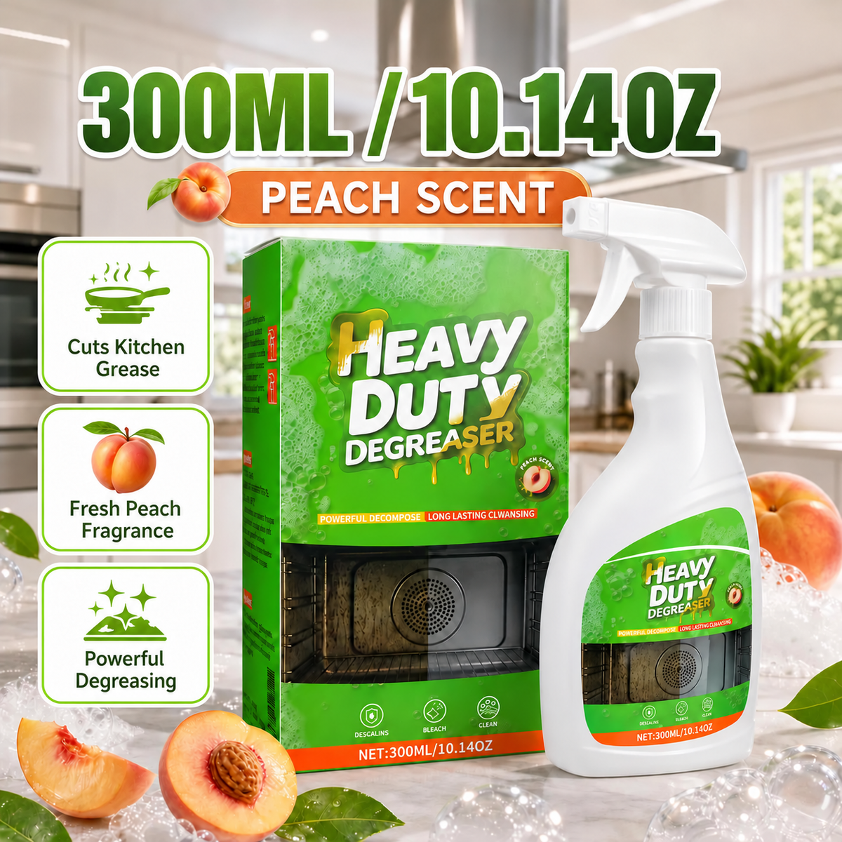 Powerful Active Spray Kitchen Cleaner—highly effective at removing grease and grime; a multi-purpose cleaner suitable for indoor stovetops, range hoods, ovens, and barbecue grills.