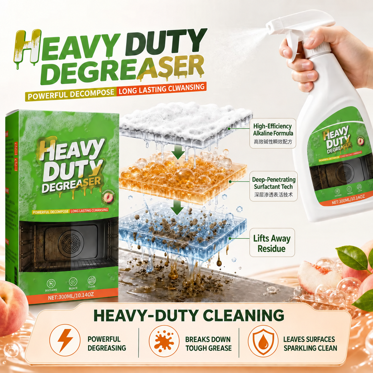 Powerful Active Spray Kitchen Cleaner—highly effective at removing grease and grime; a multi-purpose cleaner suitable for indoor stovetops, range hoods, ovens, and barbecue grills.