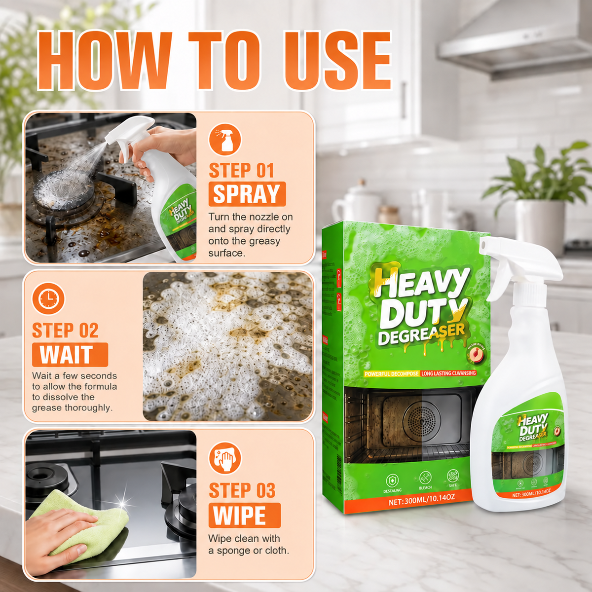 Powerful Active Spray Kitchen Cleaner—highly effective at removing grease and grime; a multi-purpose cleaner suitable for indoor stovetops, range hoods, ovens, and barbecue grills.