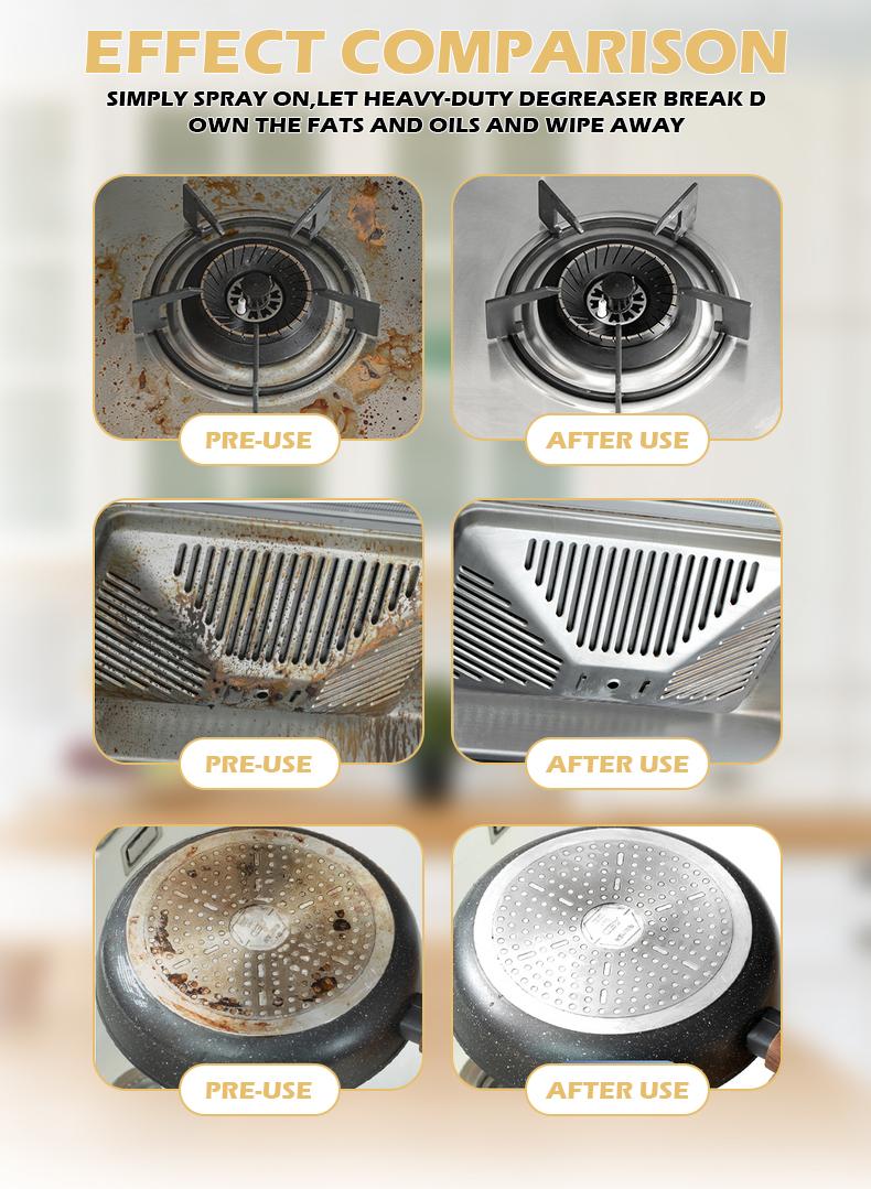 Before and after examples on a stovetop, range hood and cookware base
