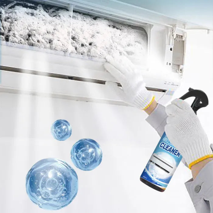 Product illustration showing cleaner applied to an accessible air conditioner area