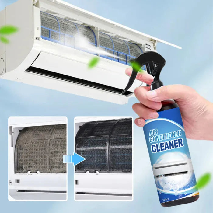 Air conditioner cleaner spray bottle shown beside an open wall-mounted air conditioner