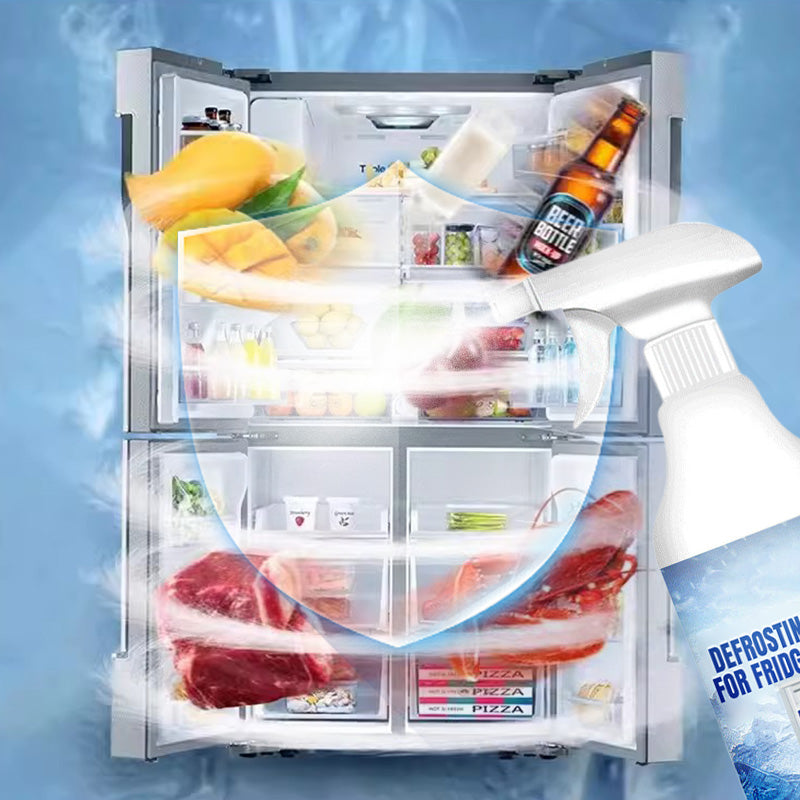Defrosting spray being used inside a refrigerator